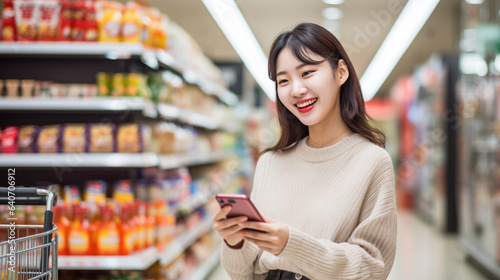 Smiling young woman with smart phone grocery shopping in supermarket