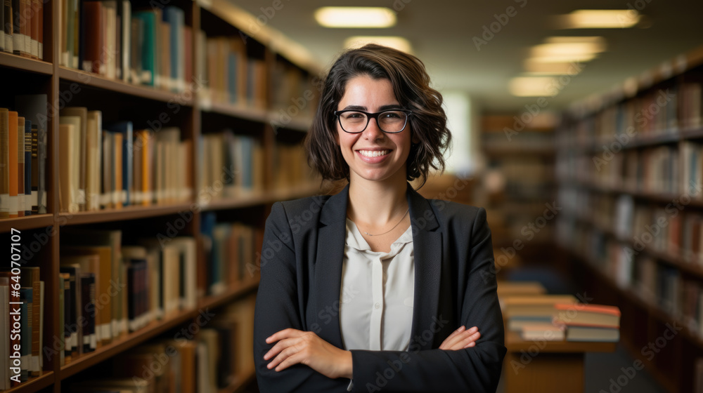 Middle age librarian or college teacher standing in library in front of book shelfes Middle age librarian or college teacher standing in library in front of book shelfes