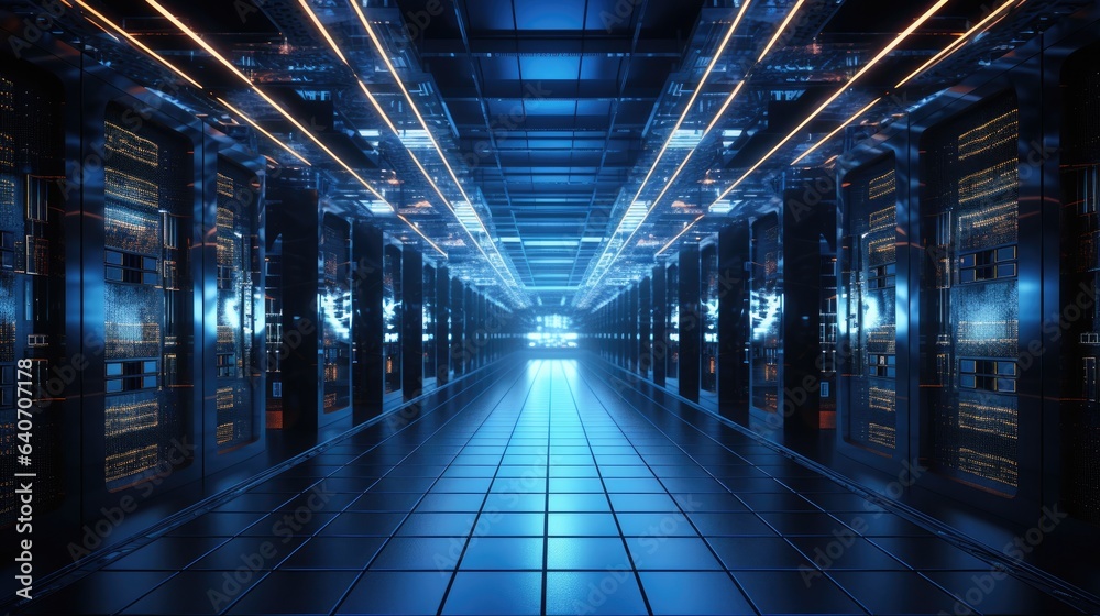 futuristic server room or data center corridor with neon lights in dark background