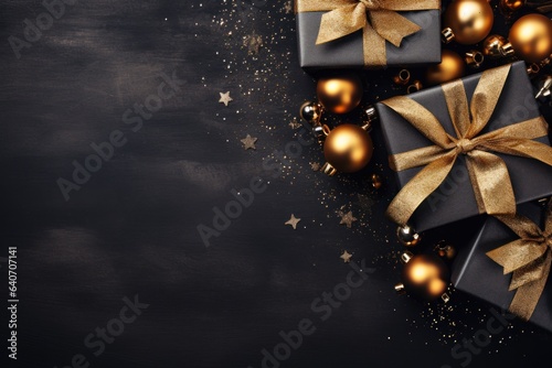 Celebration greeting background with gift boxes, sparkles, confetti on black. Flat lay. shopping mockup. Generative Ai © Natee Meepian