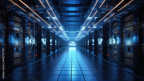 futuristic server room or data center corridor with neon lights in dark background