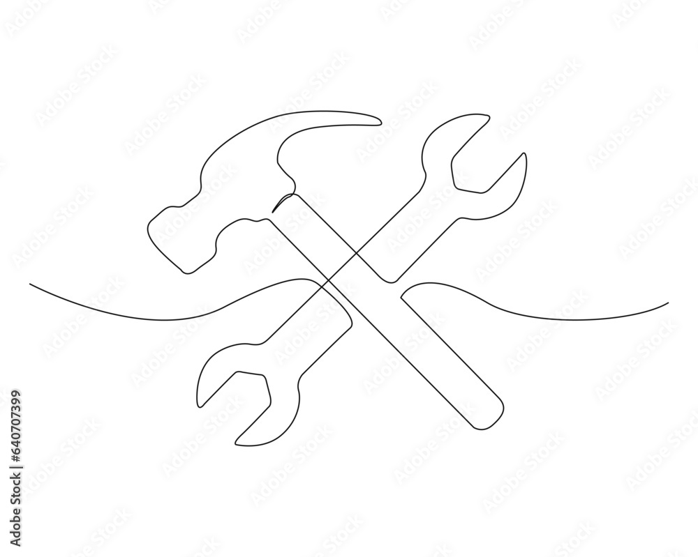 Continuous one line drawing of hammer and wrench. Wrench and hammer