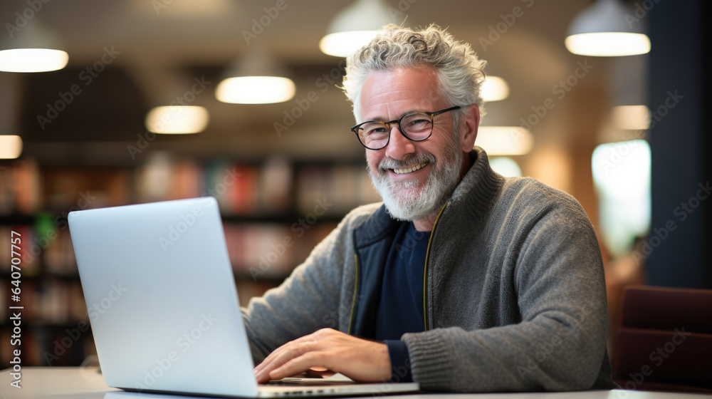 Senior professor sits in the university library with a laptop, preparing for a lecture Senior professor sits in the university library with a laptop, preparing for a lecture