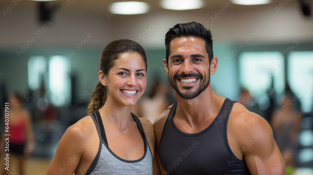 Portrait of sports man and woman training together in a gym