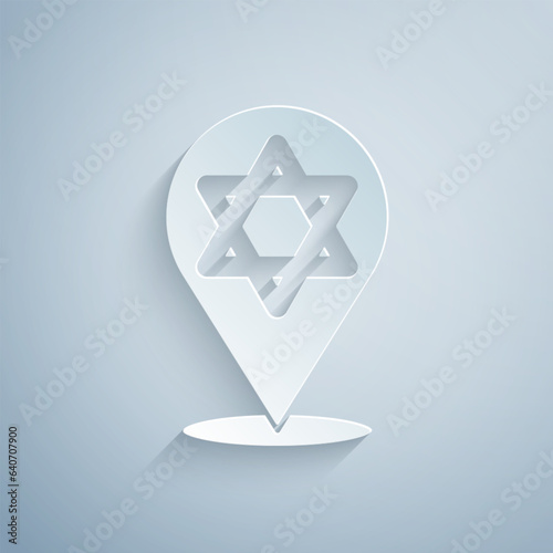 Paper cut Star of David icon isolated on grey background. Jewish religion symbol. Symbol of Israel. Paper art style. Vector