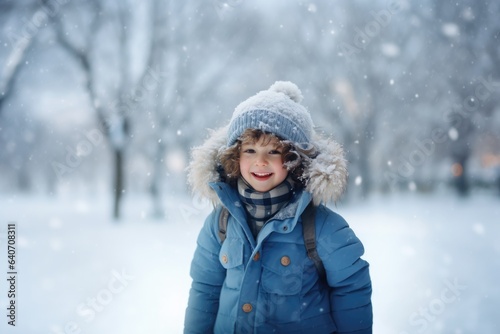 Cute child with happy face wearing a warm hat and warm jacket surrounded with snowflakes. Winter holidays concept.
