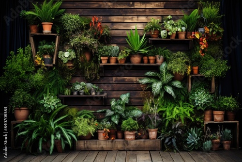 Collection of different plants in pots on wooden shelf. 3d rendering. 