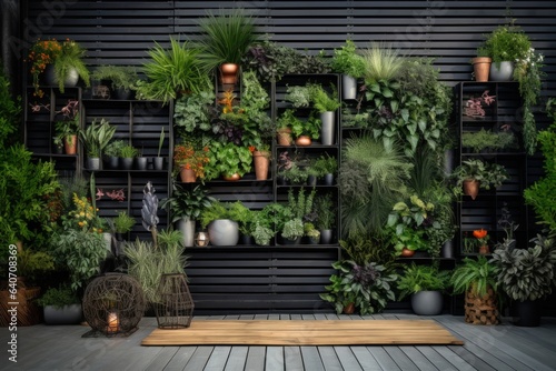 Collection of different plants in pots on wooden shelf. 3d rendering.  © korkut82