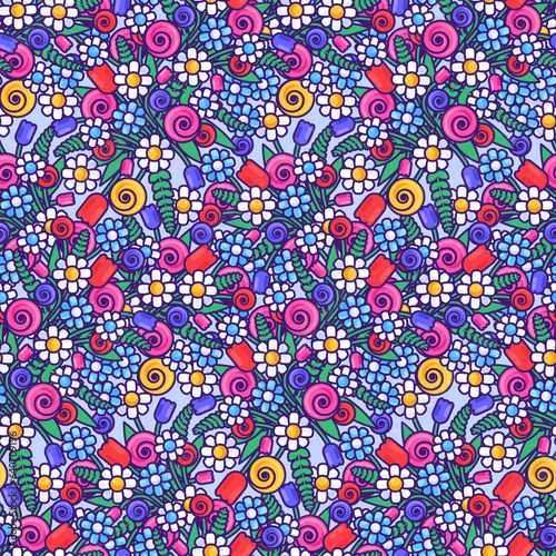 Cartoon Flowers Flat Seamless Pattern