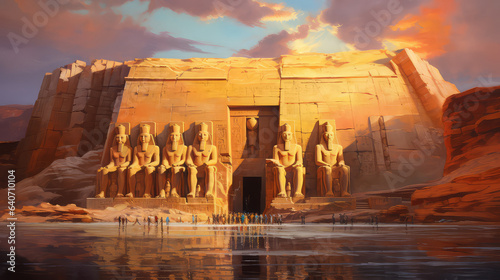oil painting on canvas  view of Abu Simbel Temples. Artwork. Big ben. Pyramid as sunset. Egypt  ai generated 