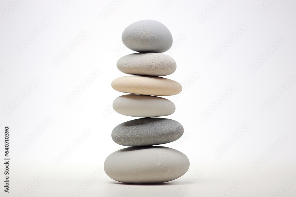 A stack of a small round white and grey pebble stone isolated on a clear white background. Balanced pebble stone art. Generative AI. A stack of a small round white and grey pebble stone isolated on a clear white background. Balanced pebble stone art. Generative AI.