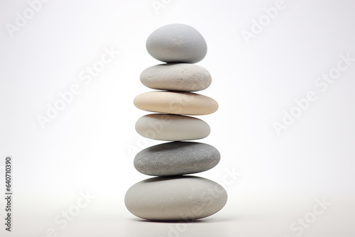 A stack of  a small round white and grey pebble stone isolated on a clear white background. Balanced pebble stone art. Generative AI.