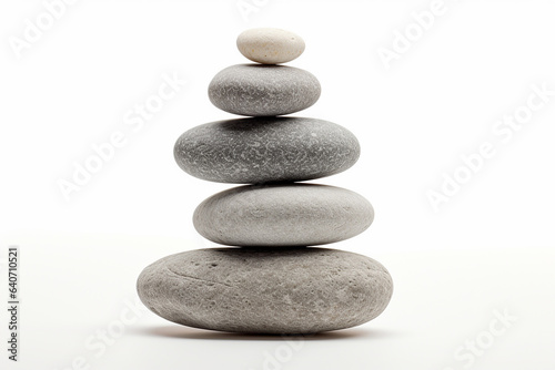 A stack of a small round white and grey pebble stone isolated on a clear white background. Balanced pebble stone art. Generative AI.