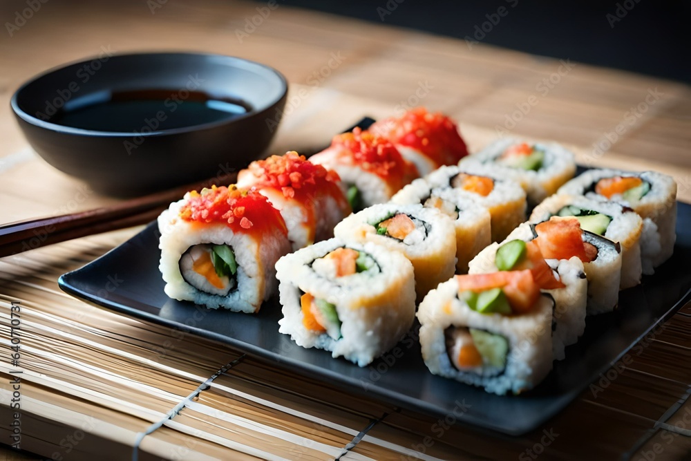A plate of vibrant vegetable sushi rolls, made with fresh ingredients and served with soy 