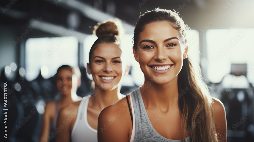 Portrait of young sports women on a group training in a gym Portrait of young sports women on a group training in a gym