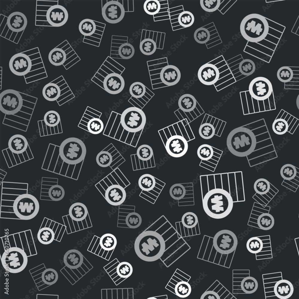 Grey South Korean won coin icon isolated seamless pattern on black background. South Korea currency business, payment and finance. Vector