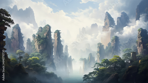 illustration painting of Beautiful natural landscape of Zhangjiajie National Forest Park  Hunan Province  China.  ai generated 
