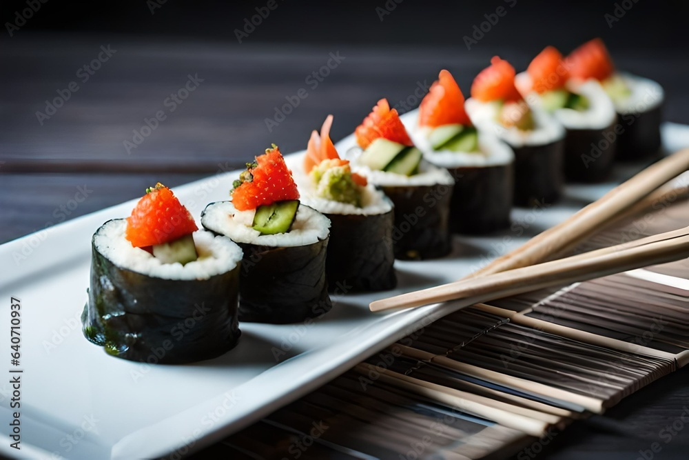 A plate of vibrant vegetable sushi rolls, made with fresh ingredients and served with soy A plate of vibrant vegetable sushi rolls, made with fresh ingredients and served with soy