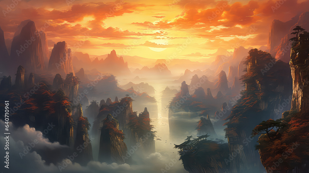 illustration painting of Beautiful natural landscape of Zhangjiajie National Forest Park at sunset, Hunan Province, China. (ai generated) - obrazy, fototapety, plakaty 
