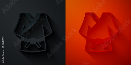 Paper cut Kimono icon isolated on black and red background. Chinese, Japanese, Korean, Vietnamese wearing national costumes, kimono. Traditional Asian costumes. Paper art style. Vector