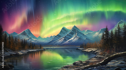 illustration of A beautiful green and red aurora dancing  Aurora Boreal  Iceland  beautiful nature  ai generated 