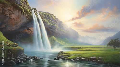 illustration of A Beautiful Seljalandsfoss waterfall in Iceland during the sunset. Location: Seljalandsfoss waterfall, part of the river Seljalandsa, Iceland (ai generated)