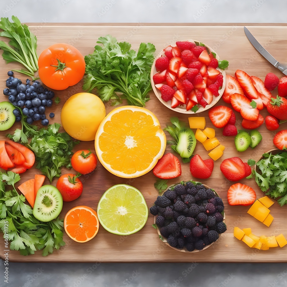 A vibrant and colorful top-down view of a variety of fresh fruits and vegetables arranged A vibrant and colorful top-down view of a variety of fresh fruits and vegetables arranged