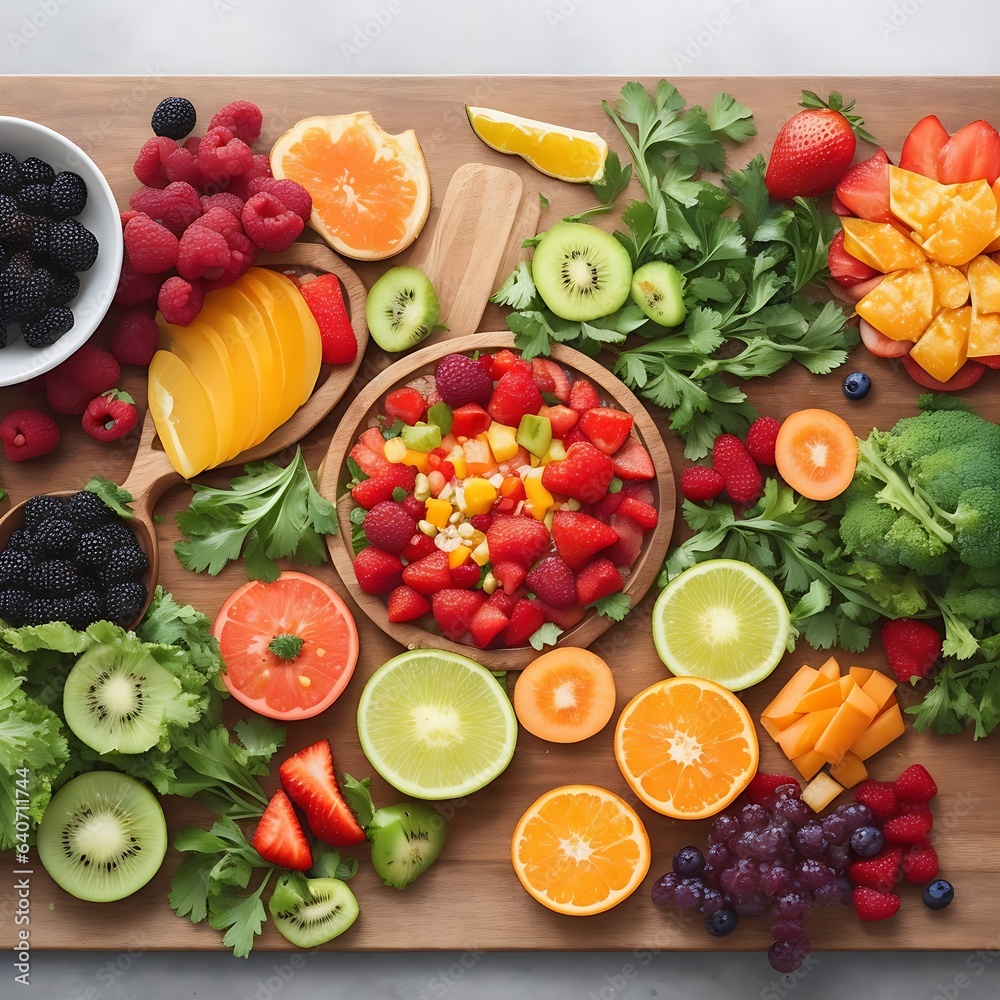 A vibrant and colorful top-down view of a variety of fresh fruits and vegetables arranged