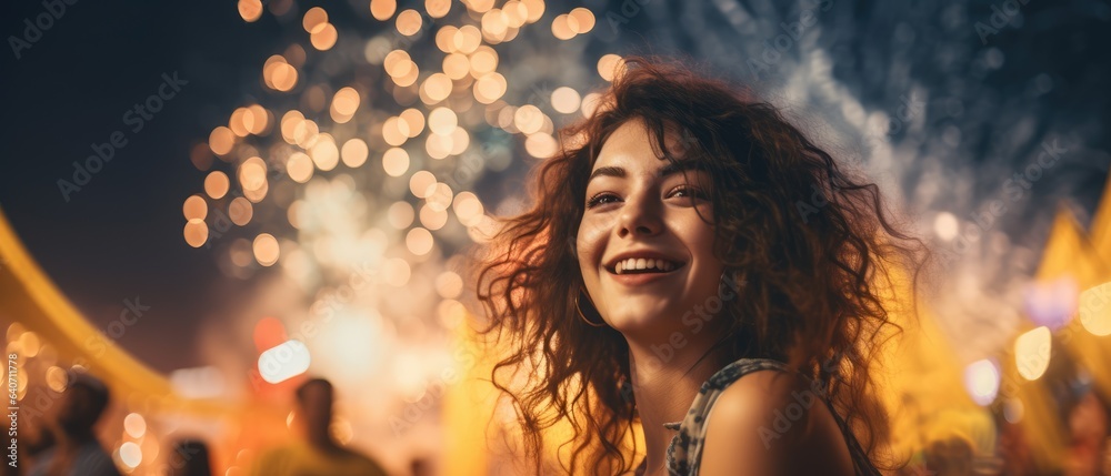 portrait Beautiful girl enjoying on music open air festival with group of millennials dancing with joy and excitement at a lively music festival on fireworks light background, Generative AI portrait Beautiful girl enjoying on music open air festival with group of millennials dancing with joy and excitement at a lively music festival on fireworks light background, Generative AI