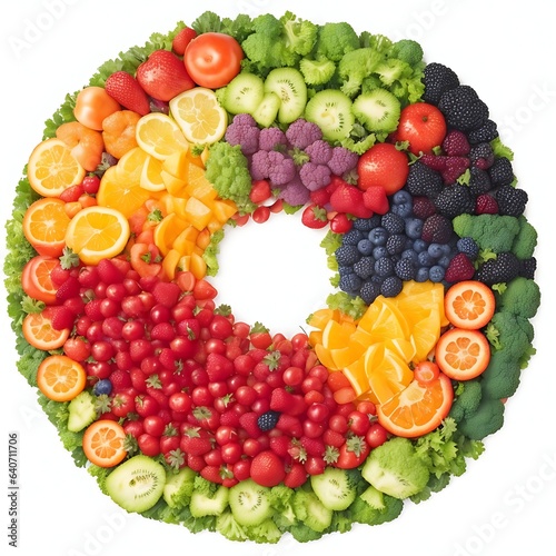 A vibrant and colorful top-down view of a variety of fresh fruits and vegetables arranged