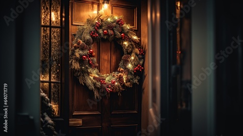 a festive christmas wreath made of green pine branches, red berries and pine cones  hanging on a door
