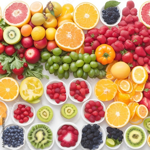 A vibrant and colorful top-down view of a variety of fresh fruits and vegetables arranged