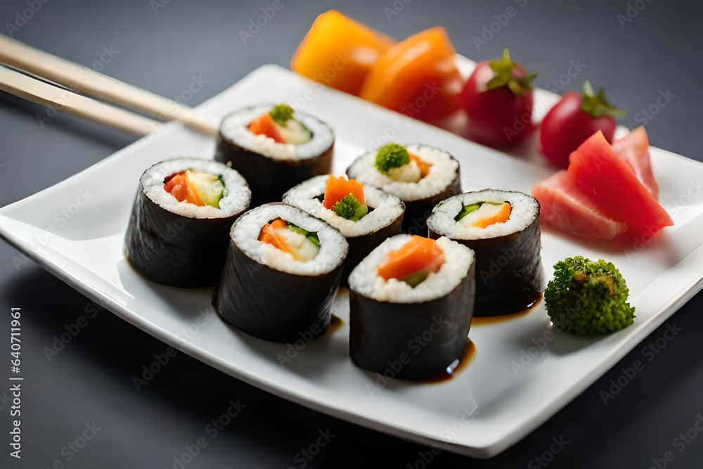 A plate of vibrant vegetable sushi rolls, made with fresh ingredients and served with soy A plate of vibrant vegetable sushi rolls, made with fresh ingredients and served with soy