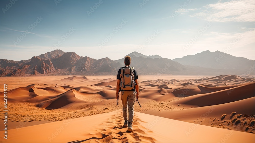 Male hiker, full body, view from behind, standing on a dune in the middle of the desert - obrazy, fototapety, plakaty 