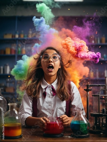 Science is fun. Rainbow colored explosion in laboratory.  kids doing experiments.