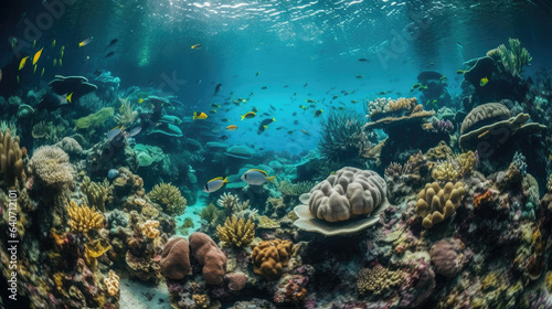 Tropical sea underwater fishes on coral reef. Aquarium oceanarium wildlife colorful marine panorama landscape nature snorkel diving. © Matthew