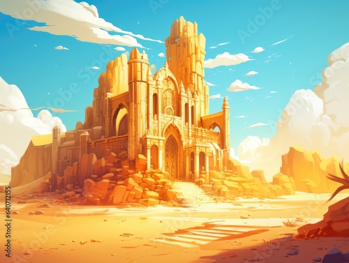Ruins of an old Temple between golden dunes in a hot desert