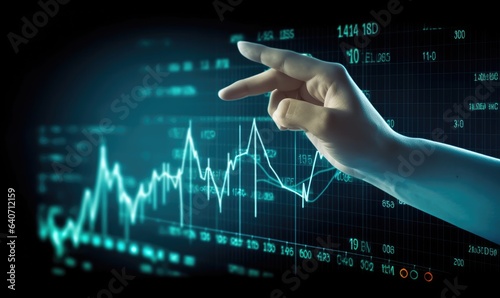 Close up of businessman hand touching with finger virtual panel with forex chart