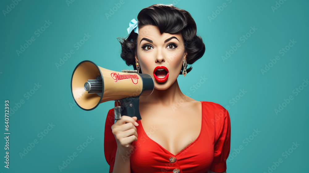 Young woman in pinup style holding megaphone isolated on blue background Young woman in pinup style holding megaphone isolated on blue background