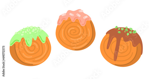 Set of round croissant filled and covered with chocolate.