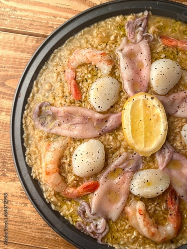 Risotto with seafood, top view