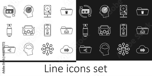 Set line Music streaming service, Folder download, Hard disk drive on sharing network, Car, Aviation bomb, Refund money, Flight mode the mobile and Head hunting concept icon. Vector