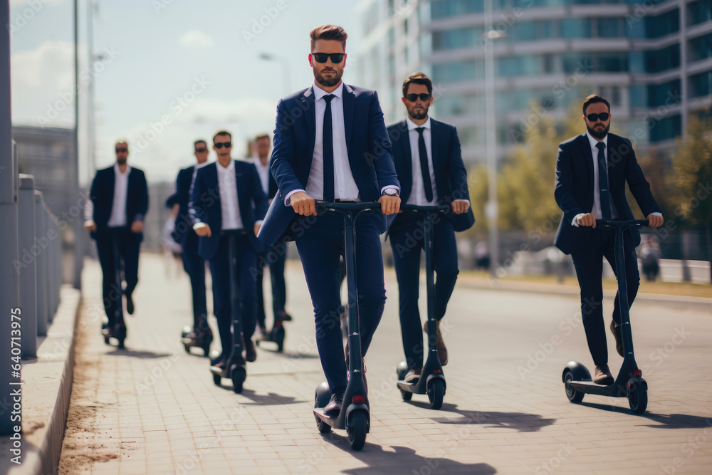 Competitive Commute: Businessmen on Electric Scooters Competitive Commute: Businessmen on Electric Scooters