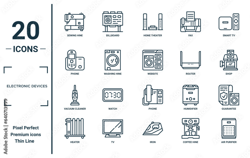 Vetor de electronic devices linear icon set. includes thin line sewing ...