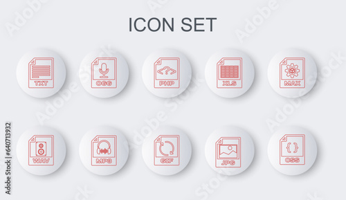 Set line CSS file document, WAV, PHP, JPG, TXT, OGG, MP3 and GIF icon. Vector