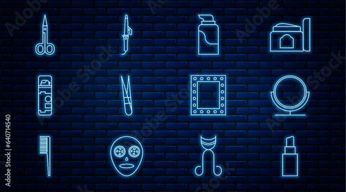 Set line Lipstick, Round makeup mirror, Cream cosmetic tube, Eyebrow tweezers, Shaving gel foam, Scissors, Makeup with lights and Curling iron icon. Vector