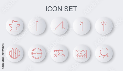 Set line Old keys, Round wooden shield, Medieval chained mace ball, King crown, Anvil for blacksmithing hammer, spear, and Catapult shooting stones icon. Vector