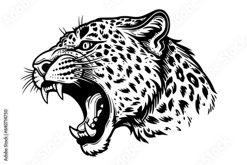 Leopard head logotype or mascot hand drawn ink sketch. Engraving style vector illustration.