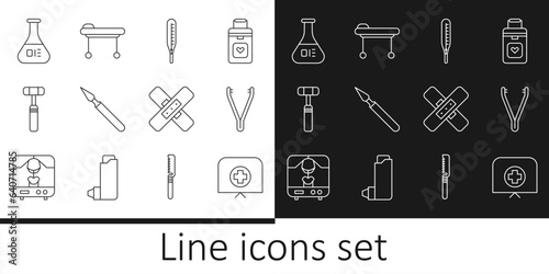 Set line Nurse hat with cross, Medical tweezers, thermometer, surgery scalpel, Neurology reflex hammer, Test tube and flask, Crossed bandage plaster and Stretcher icon. Vector