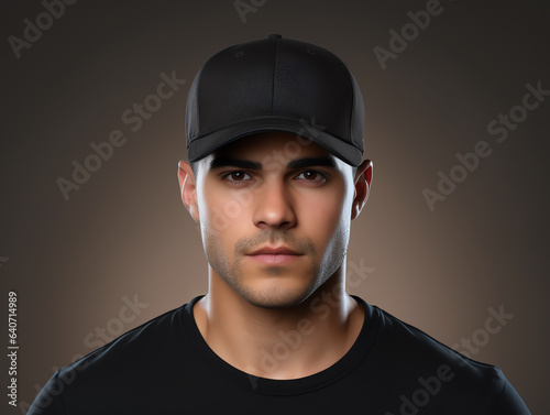 A man wearing blank empty black cap mockup for design template